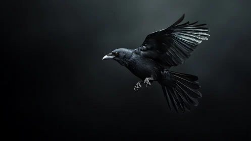 Corvid in Flight: High-Contrast Photorealistic Study of Airborne Raven.