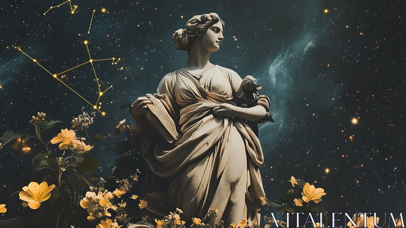 Celestial marble muse gazes over constellations and blooms.