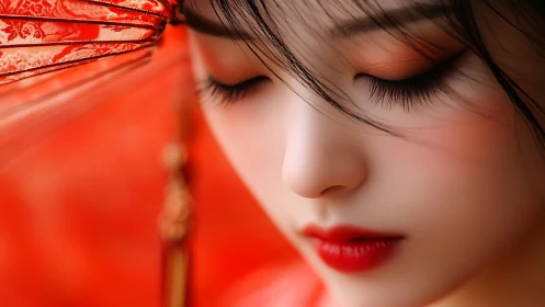 Silken whispers drift across closed eyes in vermilion light