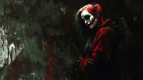 Shadowed jester stands quietly in a storm of color and night