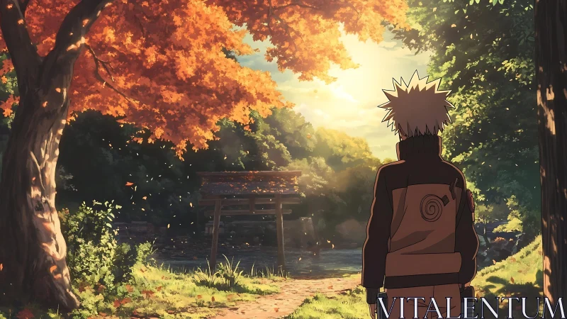 Anime autumn forest path with lone figure under maple canopy.