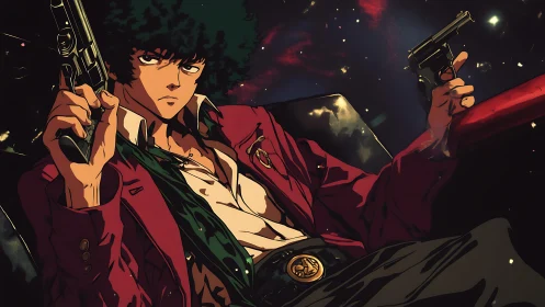 Male anime character sits with two handguns in low light