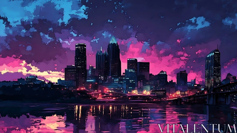 Neon dusk skyline over reflective river cityscape.