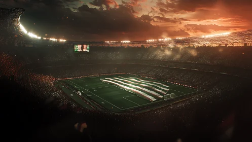 Sunset stadium panorama captures choreographed pitch-wide banner