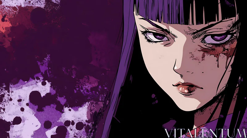 Purple-haired anime girl with bruised face and splattered blood.