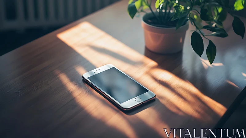 White smartphone resting on wooden desk in natural light.