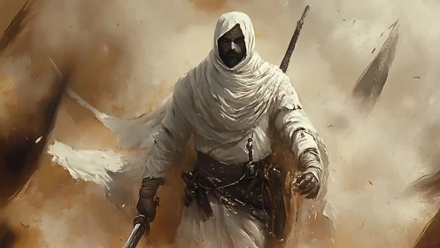 Desert wanderer strides through swirling storm of sand.