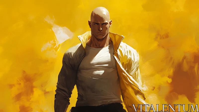 Bald male figure in yellow jacket on abstract yellow field.