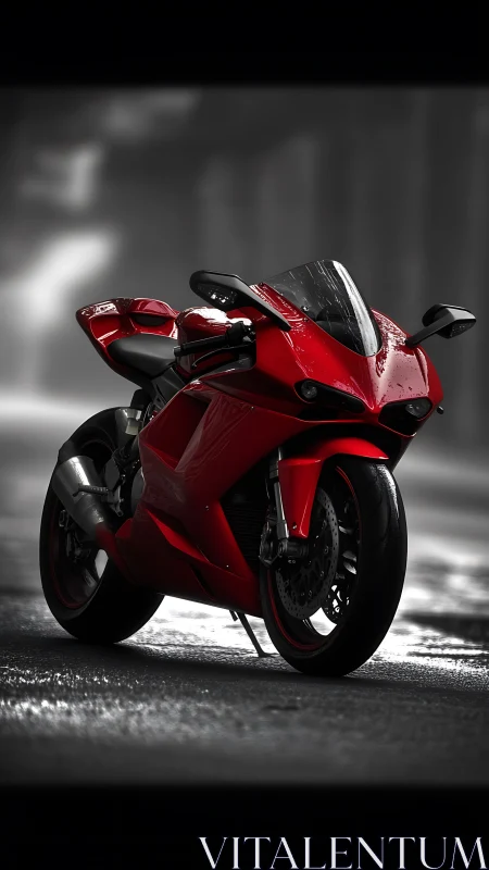 Aerodynamic red superbike on wet asphalt in dramatic light.