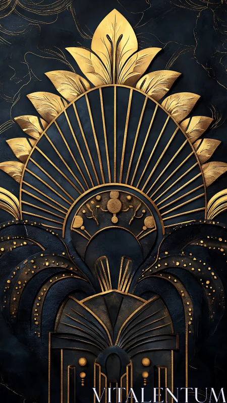 Radiant gold Art Deco fan rises over deep midnight blue