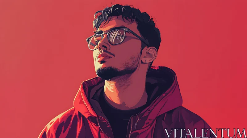 Stylized portrait of young man in red jacket and glasses
