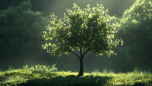 Sunlit sapling rendered with high-detail photorealistic lighting