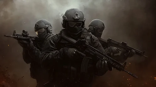 Tactical trio emerges from smoke in dramatic battle stance.