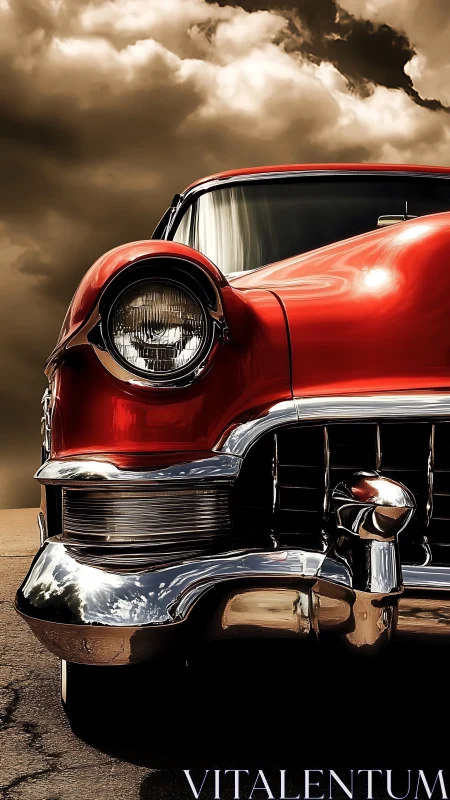 Chromed vintage coupe under turbulent cumulonimbus sky.