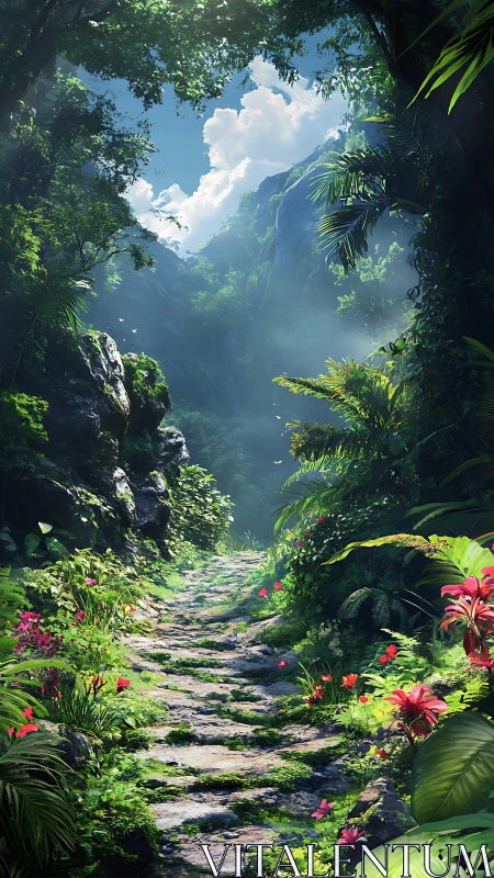 Luminous rainforest trail with stratified foliage and mist gradients.