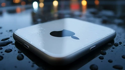 Low-angle macro view of wet metallic device body on glossy surface