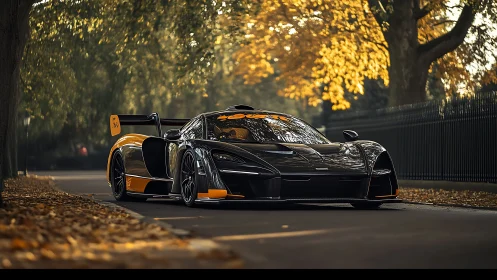 Track-focused hypercar on autumn road with aero package detail