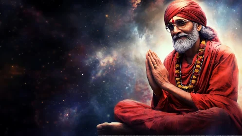 Elderly guru in red robes meditates against luminous galactic nebula