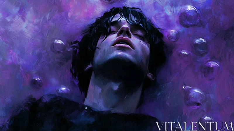 Dream-soaked portrait drifts in deep violet cosmic waters