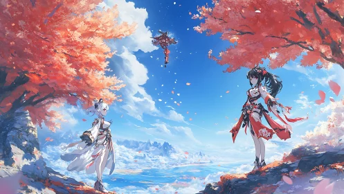 Dual warrior figures beneath vermilion maple canopy at cliffside.