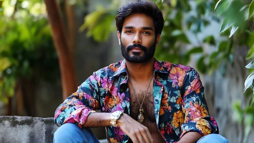 Floral-shirt muse lounges in lush backyard spotlight