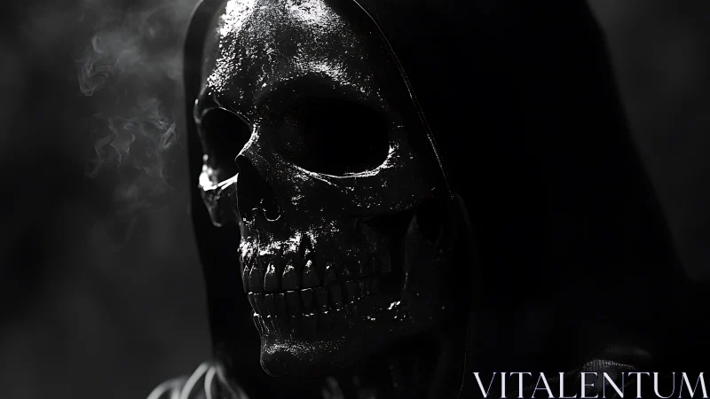 Midnight reaper&rsquo;s lacquered skull glistens in smoke-soaked dark.