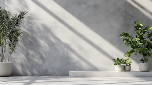 Minimalist indoor plants cast linear shadows on concrete wall