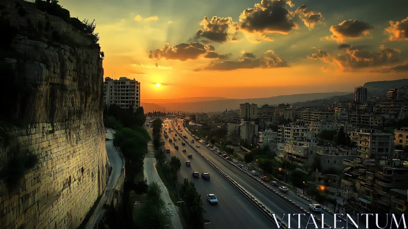 Golden hour over city traffic and quiet hillside cliffs.