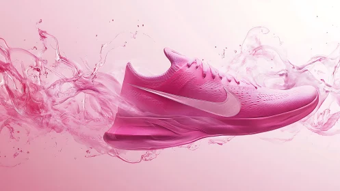 Dynamic pink running shoe suspended in liquid motion splash.