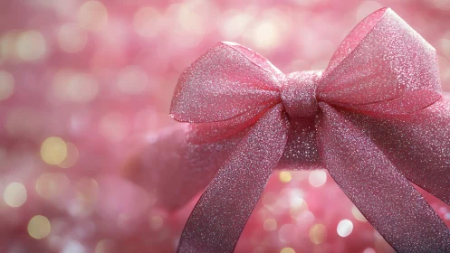 Glittered pink ribbon bow in soft bokeh festive lighting.