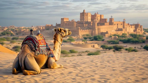 Golden desert camel contemplates an ancient sandcastle fort