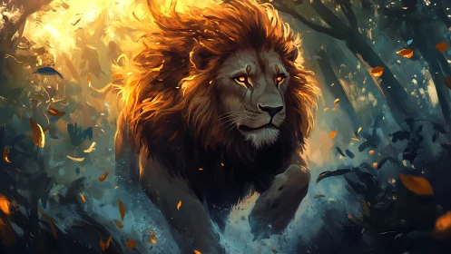 Fiery eyed lion charges through a dreamlit enchanted forest