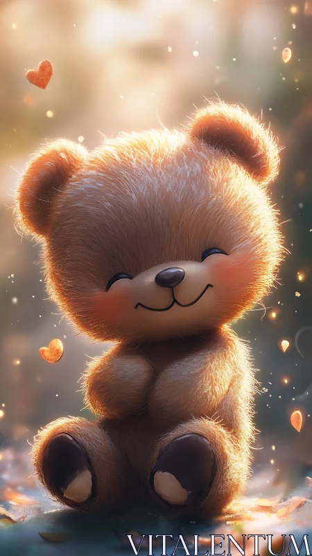 Glowing plush teddy bear in dreamy golden bokeh forest.