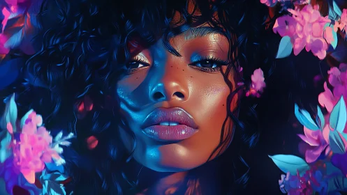Digital portrait of woman in neon florals, close-up view.