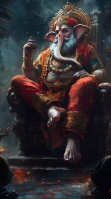 Elephant-headed deity seated on ornate golden throne