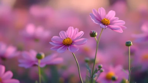 Pink cosmos flowers with yellow centers in soft focus field.