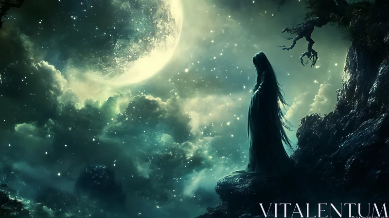 Mystic robed figure gazes toward a luminous celestial moon.