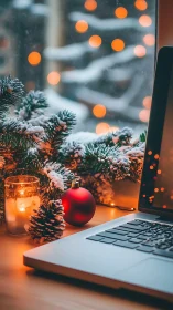 Snowy Christmas desk scene frames warm laptop workspace
