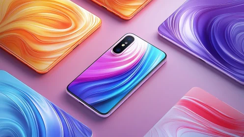Colorful modern smartphone glows amid swirling tech tablets