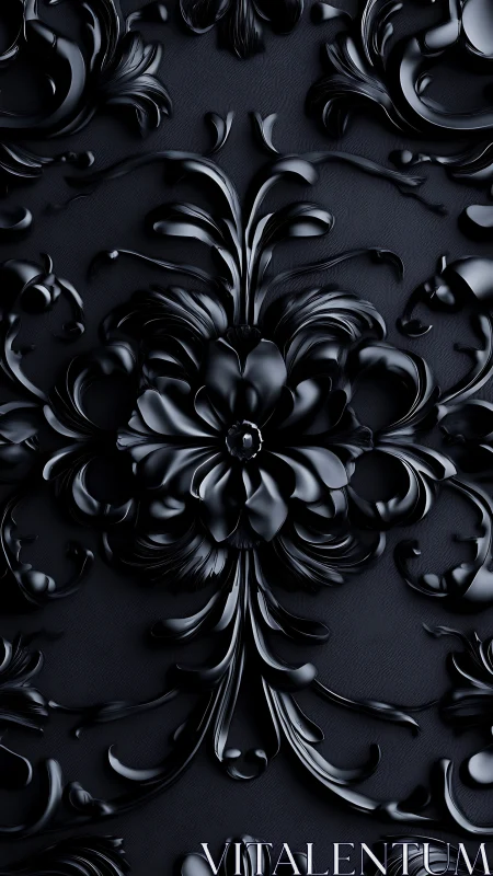 Glossy baroque floral relief in monochrome black symmetry