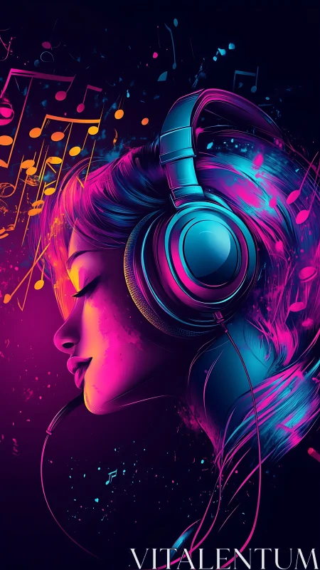 Dreamy neon girl lost in music and glowing color.