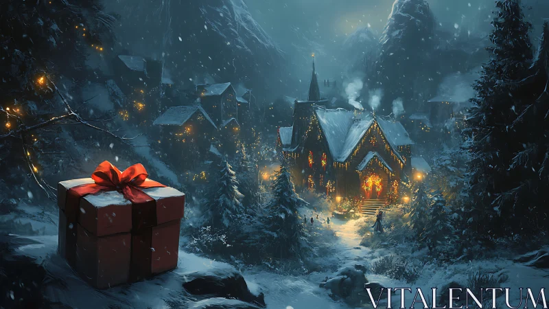 Snowy village chapel glows against mountains as gift box anchors foreground