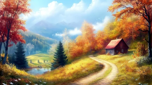 Golden autumn cabin welcomes calm beside a winding path