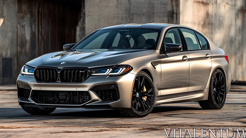 Silver BMW sports sedan parked in industrial concrete yard.