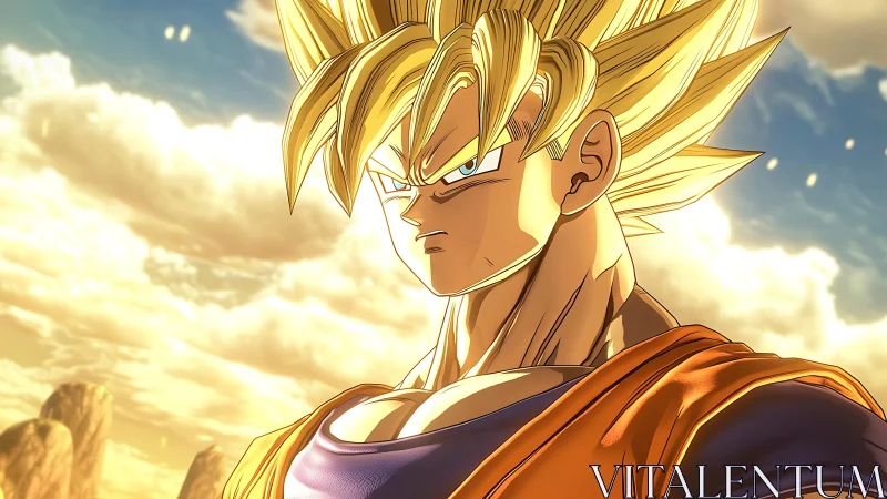 Supercharged anime warrior under glowing sky horizon.