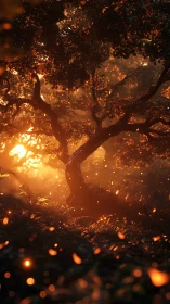 Ancient Tree Ablaze with Golden Sunset Light