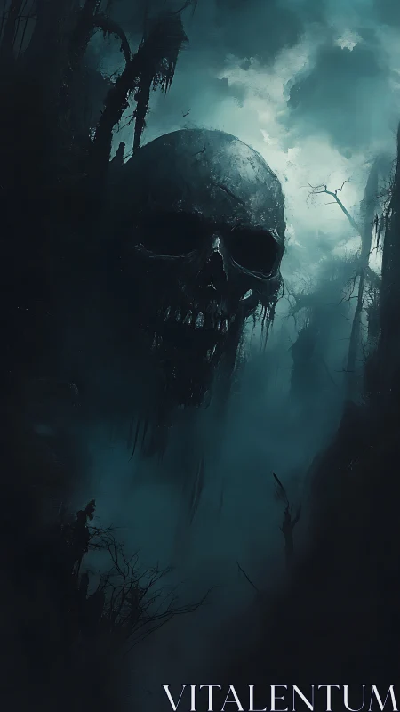 Giant rotting skull looms over misty haunted marshland.