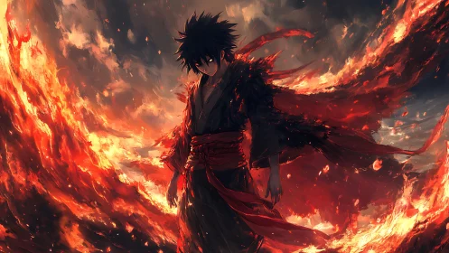 Dark haired anime warrior stands amid swirling firestorm