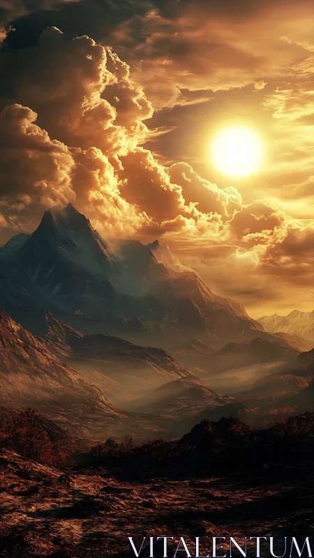 Fiery sun over rugged mountains in cinematic sunset haze.