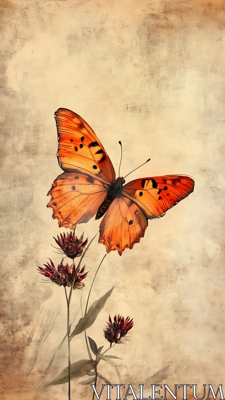 Rustic orange butterfly poised above wild clover blooms.